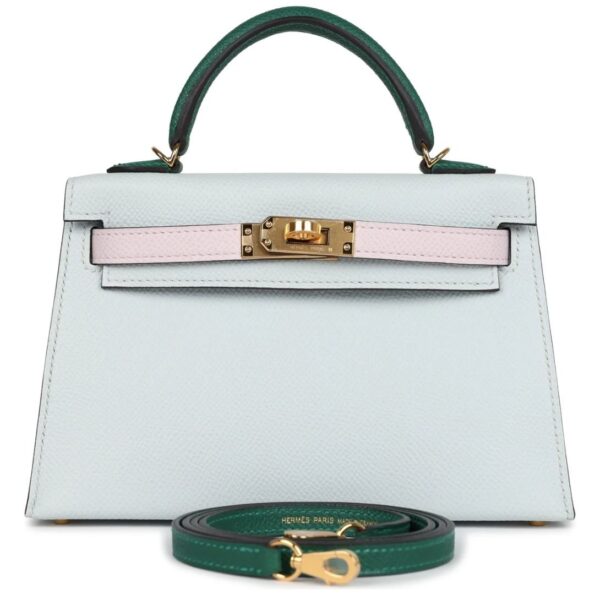HERMÈS KELLY SELLIER 20 TRI COLOR GRIS PLATINE MAUVE PALE AND VERT MOYEN EPSOM GOLD HARDWARE