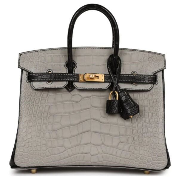 HERMÈS SPECIAL ORDER HSS BIRKIN 25 GRIS PERLE AND BLACK MATTE ALLIGATOR MISSISSIPPIENIS BRUSHED GOLD HARDWARE