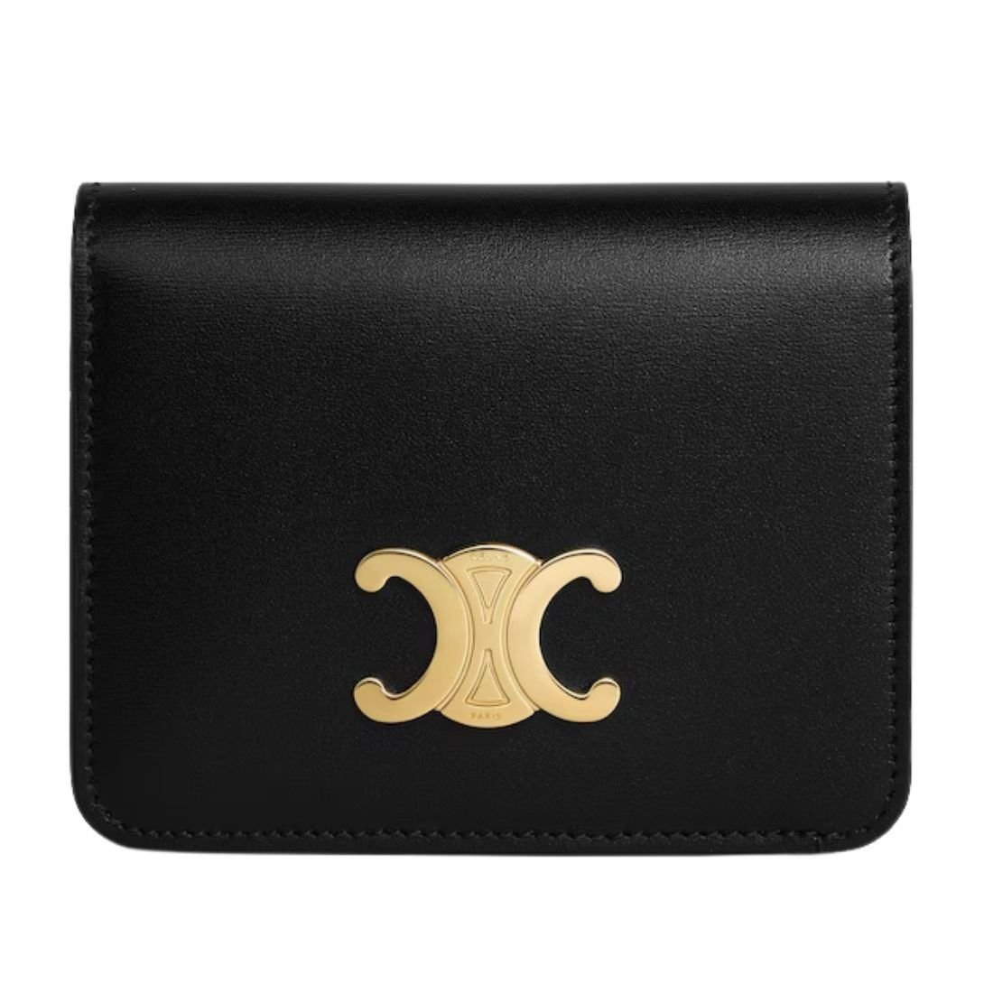 CELINE TRIOMPHE COMPACT WALLET IN SHINY CALFSKIN BLACK