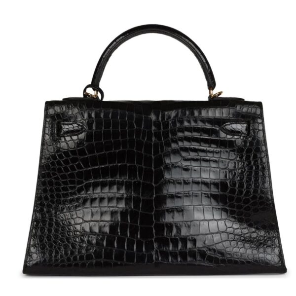 VINTAGE HERMÈS KELLY SELLIER 32 BLACK SHINY POROSUS CROCODILE GOLD HARDWARE - Image 2