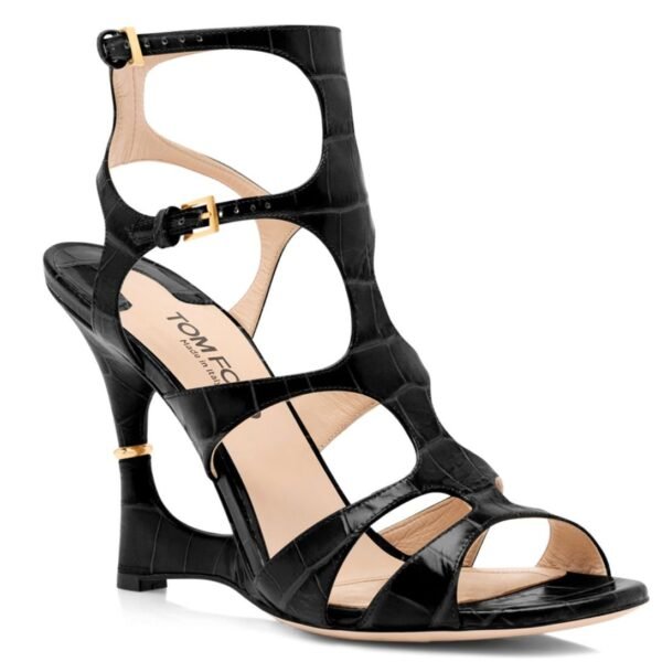 TOM FORD SHINY STAMPED CROCODILE LEATHER PARADIS CAGE SANDAL BLACK - Image 2