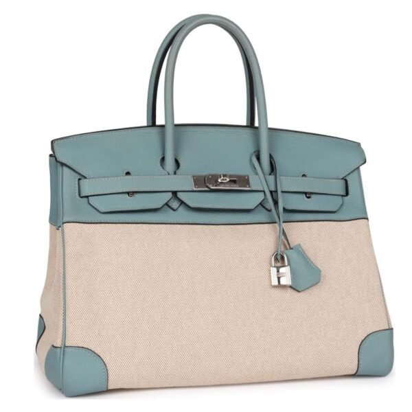 PRE-OWNED HERMÈS BIRKIN 35 TOILE H AND CIEL CLEMENCE PALLADIUM HARDWARE - Image 3