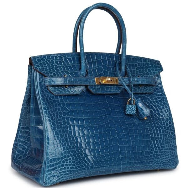 PRE-OWNED HERMÈS BIRKIN 35 BLEU MYKONOS SHINY POROSUS CROCODILE GOLD HARDWARE - Image 3