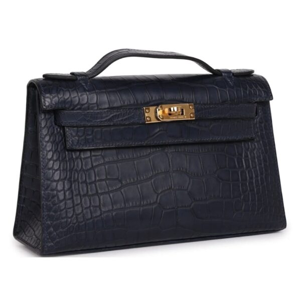 HERMÈS KELLY POCHETTE BLEU INDIGO MATTE ALLIGATOR GOLD HARDWARE - Image 3