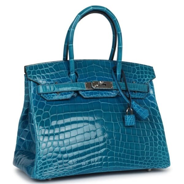 PRE-OWNED HERMÈS BIRKIN 30 BLEU IZMIR SHINY NILOTICUS CROCODILE PALLADIUM HARDWARE - Image 2