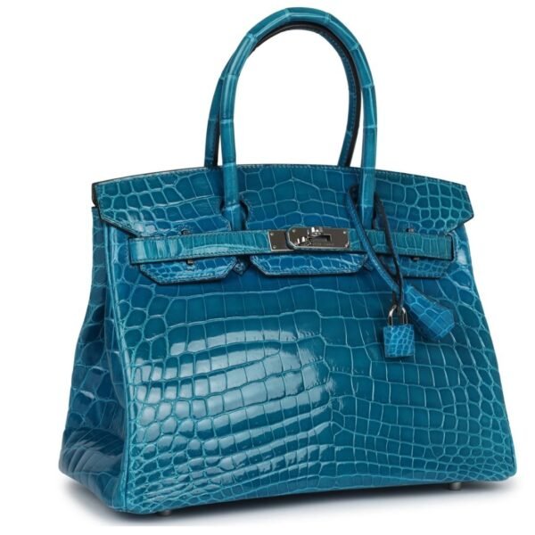 PRE-OWNED HERMÈS BIRKIN 30 BLEU IZMIR SHINY NILOTICUS CROCODILE PALLADIUM HARDWARE - Image 3