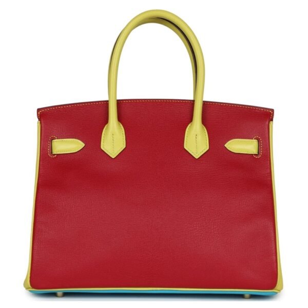 HERMÈS SPECIAL ORDER HSS TRI COLOR BIRKIN 30 BLEU AZTEC SOUFRE AND ROUGE VIF CHEVRE BRUSHED GOLD HARDWARE - Image 2