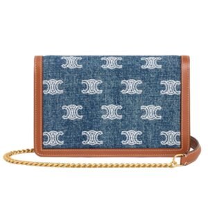 CELINE WALLET ON CHAIN MARGO IN DENIM WITH TRIOMPHE ALL OVER EMBROIDERY AND CALFSKIN