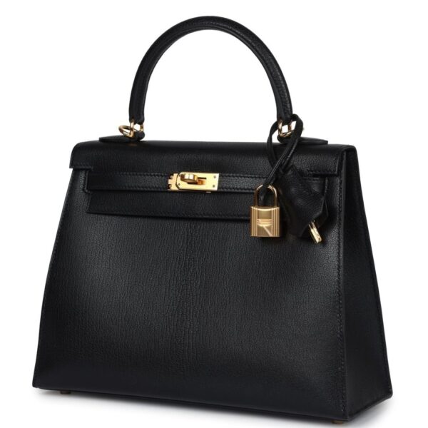 HERMÈS KELLY SELLIER 25 BLACK CHEVRE MYSORE GOLD HARDWARE - Image 3
