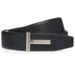 TOM FORD GRAIN LEATHER RIDGE BUCKLE T BELT DARK NAVY