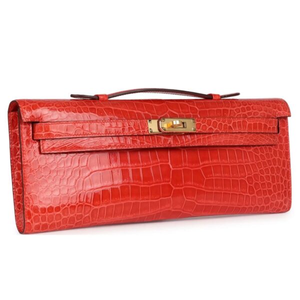HERMÈS KELLY CUT ORANGE POPPY SHINY POROSUS CROCODILE GOLD HARDWARE - Image 3