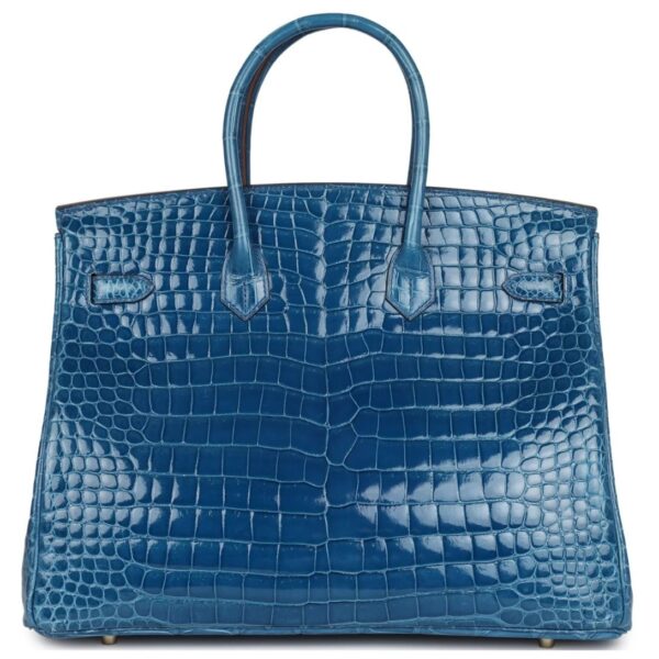 PRE-OWNED HERMÈS BIRKIN 35 BLEU MYKONOS SHINY POROSUS CROCODILE GOLD HARDWARE - Image 2