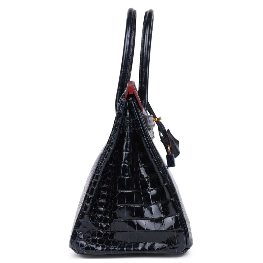 HERMÈS BIRKIN 30 BLEU MARINE AND ROUGE H CONTOUR SHINY POROSUS CROCODILE GOLD HARDWARE - Image 3