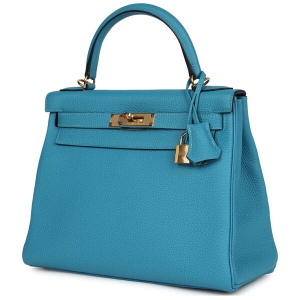 PRE-OWNED HERMÈS KELLY RETOURNE 28 TURQUOISE TOGO GOLD HARDWARE - Image 3