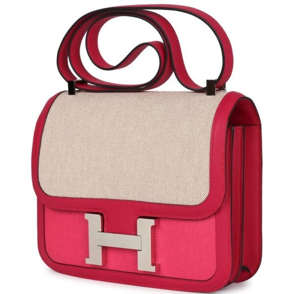 PRE-OWNED HERMÈS CONSTANCE 24 ROSE SHOCKING AND ECRU TOILE H BERLINE AND FRAMBOISE SWIFT PALLADIUM HARDWARE - Image 3