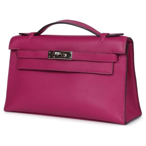 PRE-OWNED HERMÈS KELLY POCHETTE ROSE POURPRE SWIFT PALLADIUM HARDWARE - Image 3