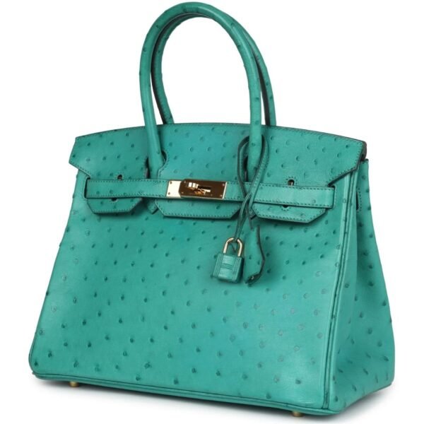 PRE-OWNED HERMÈS BIRKIN 30 VERT VERONE OSTRICH GOLD HARDWARE - Image 3