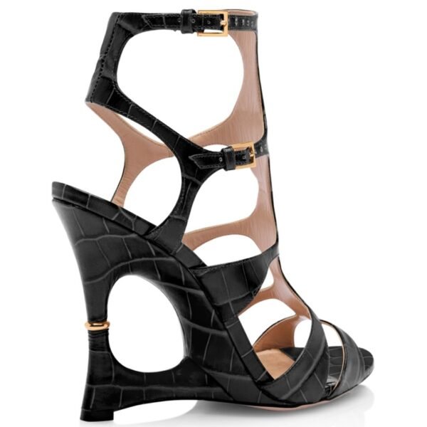 TOM FORD SHINY STAMPED CROCODILE LEATHER PARADIS CAGE SANDAL BLACK - Image 4