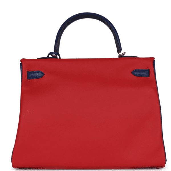 HERMÈS SPECIAL ORDER (HSS) KELLY RETOURNE 35 VERMILLON AND BLEU SAPHIR SWIFT PERMABRASS HARDWARE - Image 2