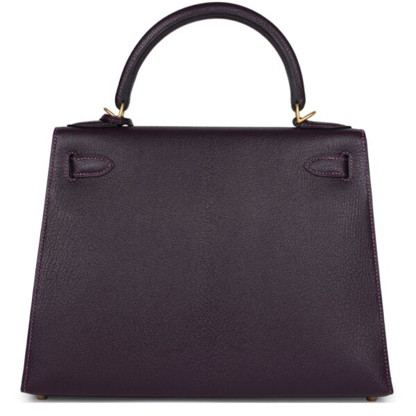 PRE-OWNED HERMÈS SPECIAL ORDER (HSS) KELLY SELLIER 28 RAISIN VERSO CHEVRE BRUSHED GOLD HARDWARE - Image 2