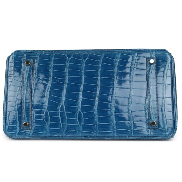 PRE-OWNED HERMÈS BIRKIN 35 BLEU MYKONOS SHINY POROSUS CROCODILE GOLD HARDWARE - Image 4