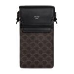 CELINE PHONE POUCH WITH FLAP IN TRIOMPHE CANVAS AND LAMBSKIN BLACK