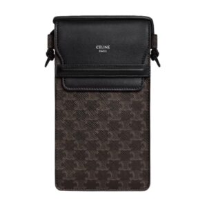 CELINE PHONE POUCH WITH FLAP IN TRIOMPHE CANVAS AND LAMBSKIN BLACK