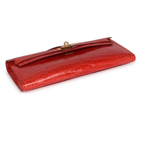 HERMÈS KELLY CUT ORANGE POPPY SHINY POROSUS CROCODILE GOLD HARDWARE - Image 5
