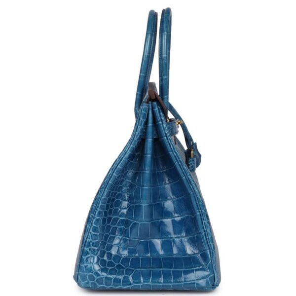 PRE-OWNED HERMÈS BIRKIN 35 BLEU MYKONOS SHINY POROSUS CROCODILE GOLD HARDWARE - Image 5