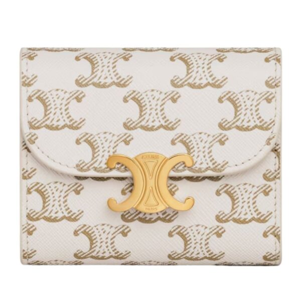 CELINE SMALL FLAP WALLET TRIOMPHE IN TRIOMPHE CANVAS WHITE-TAN