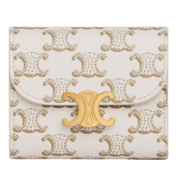 CELINE SMALL FLAP WALLET TRIOMPHE IN TRIOMPHE CANVAS WHITE-TAN