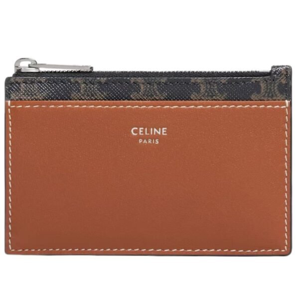 CELINE ZIPPED CARD HOLDER IN TRIOMPHE CANVAS AND LAMBSKIN TAN
