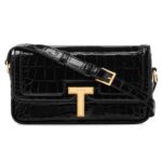 TOM FORD SHINY STAMPED CROCODILE LEATHER WALLIS E W SHOULDER BAG BLACK