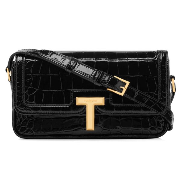 TOM FORD SHINY STAMPED CROCODILE LEATHER WALLIS E W SHOULDER BAG BLACK