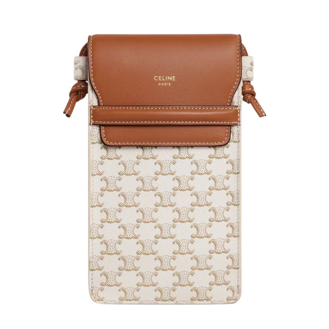 CELINE PHONE POUCH WITH FLAP IN TRIOMPHE CANVAS AND LAMBSKIN WHITE-TAN