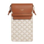CELINE PHONE POUCH WITH FLAP IN TRIOMPHE CANVAS AND LAMBSKIN WHITE-TAN