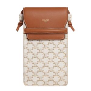 CELINE PHONE POUCH WITH FLAP IN TRIOMPHE CANVAS AND LAMBSKIN WHITE-TAN
