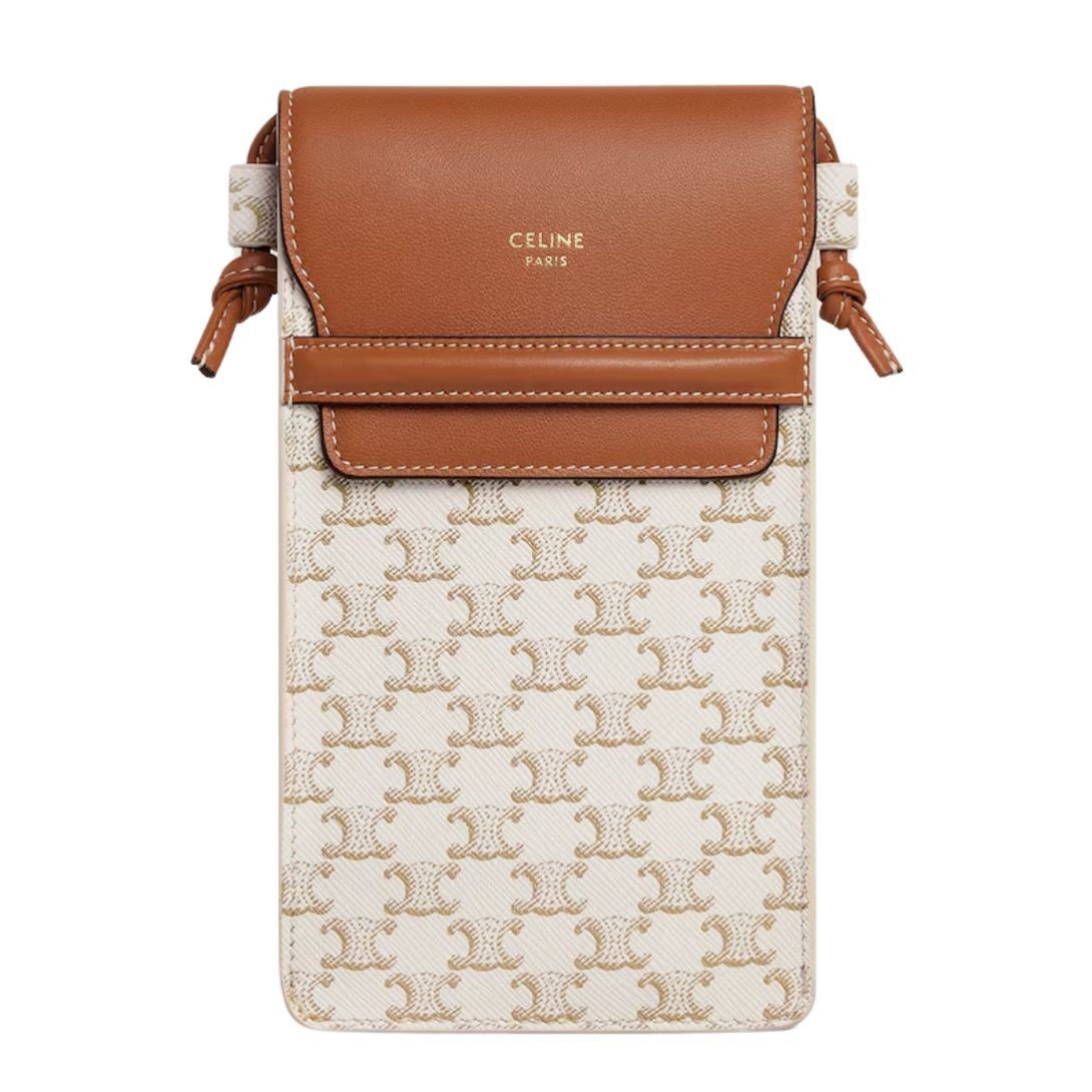 9-73-1.jpg CELINE PHONE POUCH WITH FLAP IN TRIOMPHE CANVAS AND LAMBSKIN WHITE-TAN