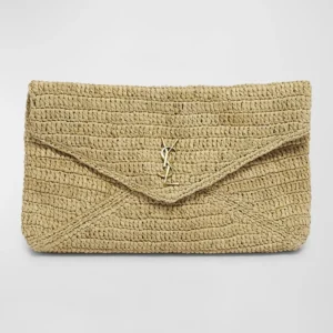 LARGE YSL ENVELOPE POUCH CLUTCH BAG IN RAFFIA LEATHER