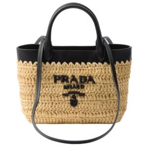 PRADA LEATHER TRIMMED WOVEN TOTE BAG