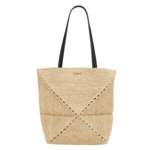 PAULAS IBIZA MEDIUM PUZZLE FOLD TOTE BAG IN RAFFIA WITH LEATHER HANDLES