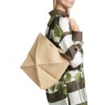 PAULAS IBIZA MEDIUM PUZZLE FOLD TOTE BAG IN RAFFIA WITH LEATHER HANDLES
