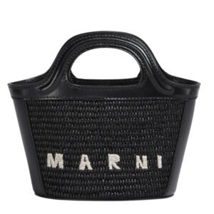 MARNI TROPICALIA MICRO BAG IN BLACK LEATHER AND RAFFIA EFFECT FABRIC