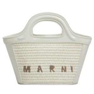 MARNI TROPICALIA MICRO BAG IN BLACK LEATHER AND RAFFIA EFFECT FABRIC