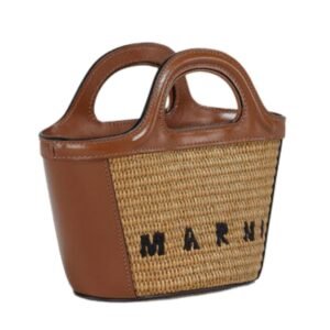 MARNI TROPICALIA MICRO BAG IN BROWN LEATHER AND RAFFIA EFFECT FABRIC