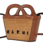 MARNI TROPICALIA MICRO BAG IN BROWN LEATHER AND RAFFIA EFFECT FABRIC